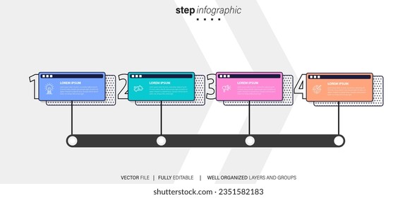 business process stage infographics template diagram banner with long rectangle box vertical direction and 4 point step creative design for slide presentation data
