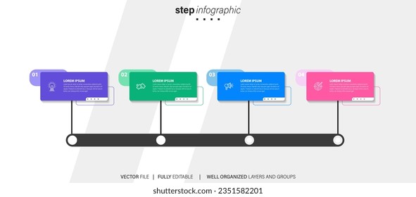 business process stage infographics template diagram banner with long rectangle box vertical direction and 4 point step creative design for slide presentation data
