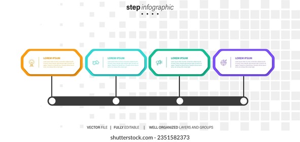 business process stage infographics template diagram banner with long rectangle box vertical direction and 4 point step creative design for slide presentation data
