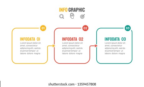 Business process step design template with marketing icons. Timeline infographic with 3 options, arrows. Vector thin line elements for presentation.
