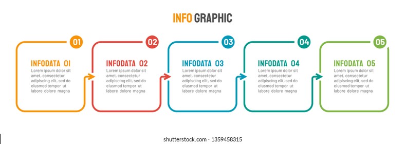 Business process step design template. Timeline infographic with 5 options, arrows. Vector thin line elements for presentation.
