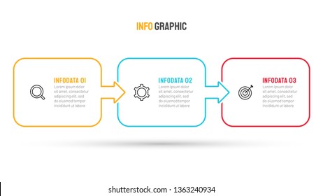 Business Process Step Design Template. Timeline Infographic With 3 Steps, Options, Arrows. Vector Thin Line Elements For Presentation.