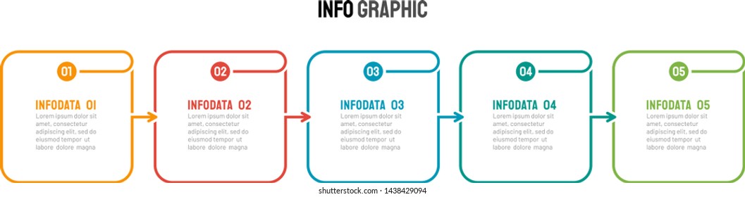 Business process step design template. Timeline infographic with 5 steps, options, arrows and numbers. Vector thin line elements for presentation.