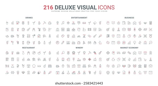 Business process and strategy, entertainment, restaurant and cafe menu line icon set. Winery and sommelier, grape wine, hot and cold drink shop thin black and red outline symbols vector illustration