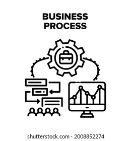 Business Process Strategy Vector Icon Concept. Business Process Plan And Phased Action Of Manager, Analysis Of Investment Infographic On Computer Screen And Finance Management Black Illustration