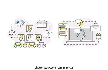Conjunto de símbolos de proceso comercial. Trabajo en equipo, ilustración vectorial de la gestión de los recursos humanos