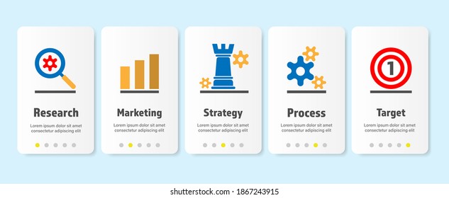 Business process to target. Work online. Workflow 5 step to target website page infographic. Marketing strategy. Technology concept. Company plan. Finance concept. Website template. 