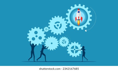proceso comercial. el equipo de negocios conecta el mecanismo de engranajes impulsor del vector de negocio