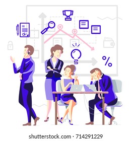 Business process in a team. Business people solve problems. Business solution for web design or applications. Concept vector illustration.
