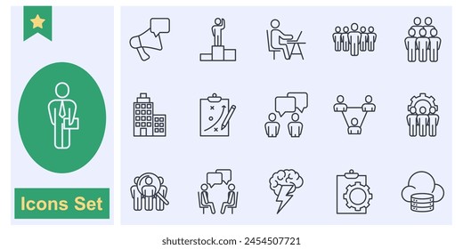 business process, team work and human resource management icon set symbol collection, logo isolated vector illustration