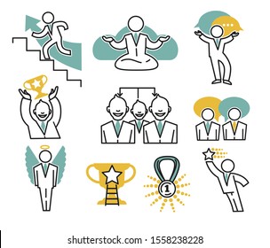 Business process, teamwork and career ladder, isolated icons vector. Time management and leadership, gold cup and medal, work goals. Successful businessman concept, communication and partnership