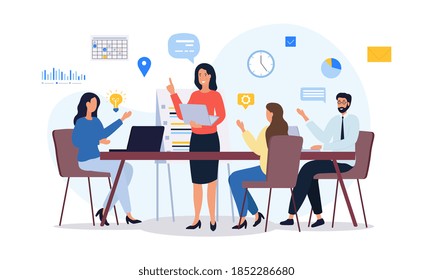 Business process and teamwork concept showing a dedicated team in a brainstorming meeting sharing ideas, colored flat cartoon vector illustration with fictional characters