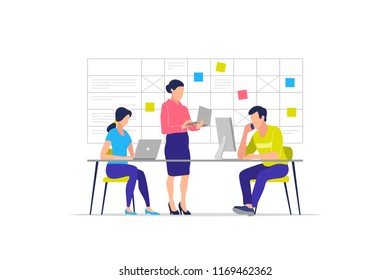 Business process, teamwork, office, workplace, business characters. Vector illustration.