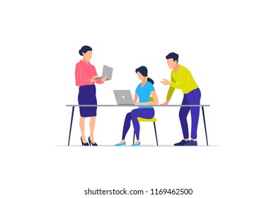 Business process, teamwork, office, workplace, business characters. Vector illustration.