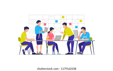 Business process, teamwork, office, workplace, business characters. Vector illustration.