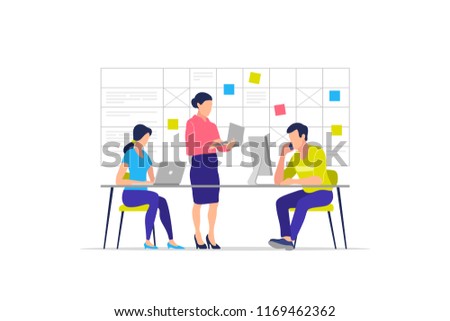 Business process, teamwork, office, workplace, business characters. Vector illustration.
