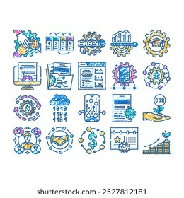 business process technology chart doodle icons set vector. sketch line art employee engagement, succession planning, change management development business process technology chart color illustrations