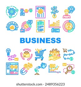 business process technology chart icons set vector. implementation, streamlining, standardization, decision making, problem solving business process technology chart color line illustrations
