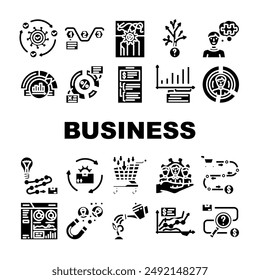 los iconos de la tecnología de procesos de negocio establecen el Vector. implementación, racionalización, estandarización, toma de decisiones, resolución de problemas de la tecnología de procesos de negocio gráfico de pictograma de glifo Ilustraciones