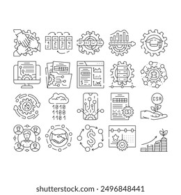 business process technology chart icons set vector. employee engagement, succession planning, change management, development business process technology chart black contour illustrations