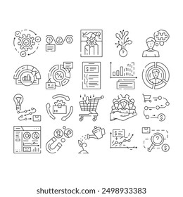 business process technology chart icons set vector. implementation, streamlining, standardization, decision making, problem solving business process technology chart black contour illustrations