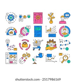 business process technology chart icons set vector. implementation, streamlining, standardization, decision making, problem solving business process technology chart color Contour Illustrations