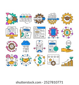 business process technology chart icons set vector. employee engagement, succession planning, change management, development business process technology chart color Contour Illustrations