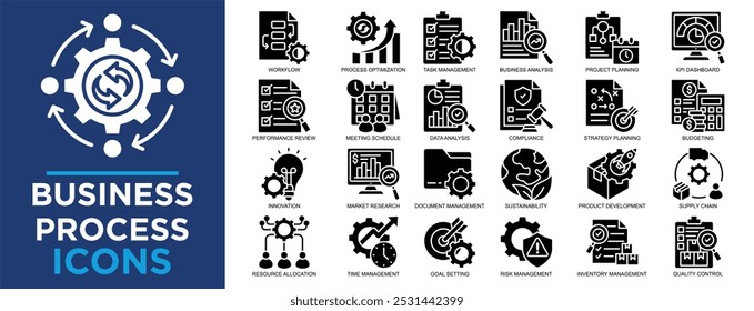 processo de negócios, negócios, tecnologia, gerenciamento, conceito, conjunto de ícones de processo. Coleção de ícones de tópicos. Ilustração de vetor simples