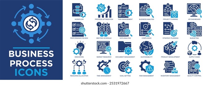 processo de negócios, negócios, tecnologia, gerenciamento, conceito, conjunto de ícones de processo. Coleção de ícones de tópicos. Ilustração de vetor simples