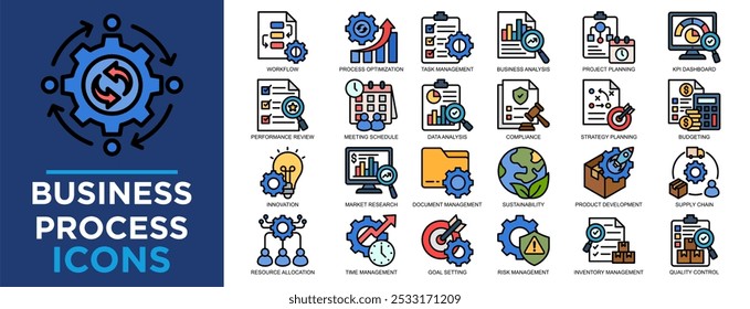 proceso de negocio, negocio, tecnología, gestión, concepto, conjunto de iconos de proceso. Colección de iconos de contorno. Ilustración vectorial simple