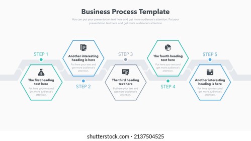 Plantilla de proceso comercial con cinco pasos. Fácil de usar para su sitio web o presentación.