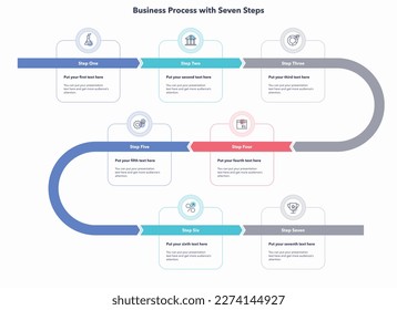 Vorlage für Geschäftsprozesse mit sieben Schritten. Kreatives Diagramm, unterteilt in fünf Schritte mit minimalistischen Symbolen.