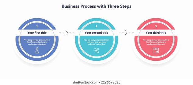 Business process template with three steps. Modern flat creative diagram with place for your texts.