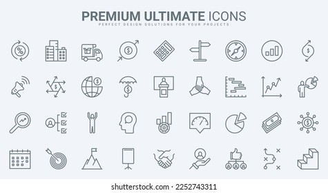 Business process thin line icons set vector illustration. Outline technology of effective work activity to analyze data, team communication and task management, productivity of planning achievement