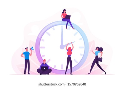 Business Process, Time Management Concept. Busy Businessmen and Businesswomen Walking around of Huge Clock. Procrastination Deadline Working Productivity Infographics. Cartoon Flat Vector Illustration