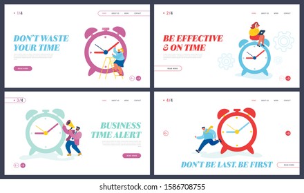 Proceso de Negocio, Sitio Web de Administración de Tiempo, Página de Inicio Set. Empresarios ocupados y un enorme reloj de alarma. Banner de la página web Procrastinación de la productividad laboral en el plazo de vencimiento. Ilustración de vectores planos de dibujos animados