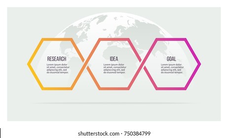 Business process. Timeline with 3 options, hexagons. Vector template.