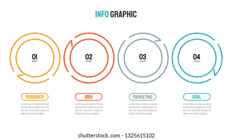 Business process. Timeline with 4 steps, options, arrows. Template for annual report, workflow diagram, graph, presentation. Vector illustration.