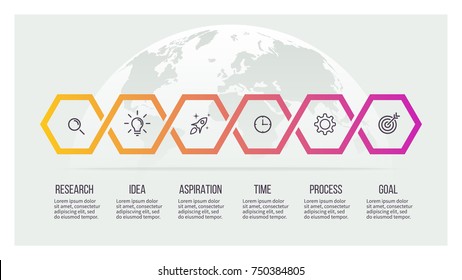 Business process. Timeline with 6 options, hexagons. Vector template.