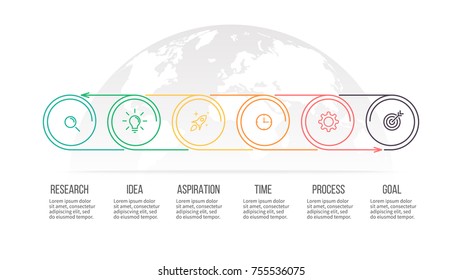 Business process. Timeline with 6 steps, options, circles. Vector template.