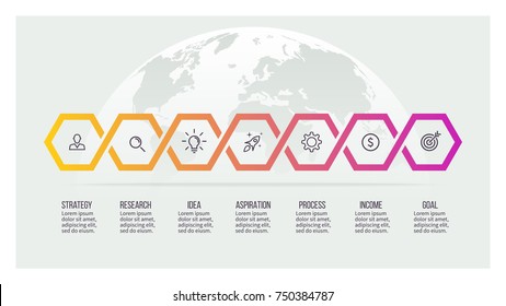 Business process. Timeline with 7 options, hexagons. Vector template.