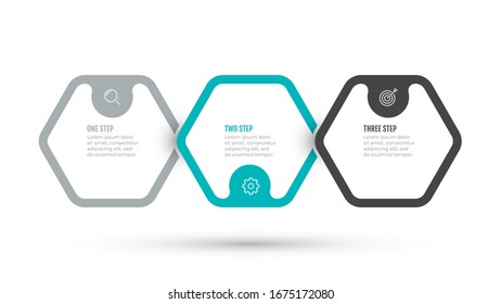 Business process. Timeline Infographic design with 3 options, steps, hexagon. Vector template.