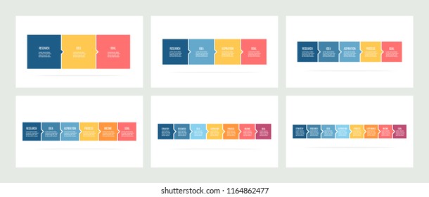 Business process. Timeline infographics with 3, 4, 5, 6, 7, 8 steps, options, squares. Vector templates.