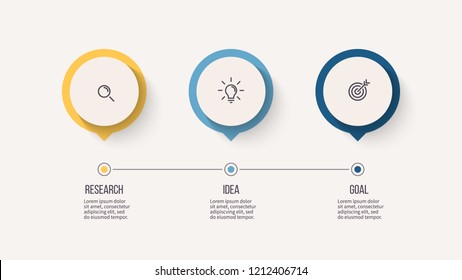 Business process. Timeline infographics with 3 options, circles, steps. Vector template.