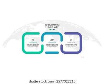 Business process. Timeline infographics with 3 steps, options, squares and marketing icons. Vector template.