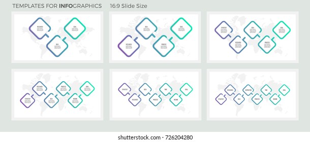 Business process. Timeline infographics with 3, 4, 5, 6, 7, 8 steps, options, squares. Vector template.