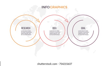 Business process. Timeline infographics with 3 options, circles. Vector template.