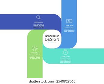Proceso comercial. Infografía de línea de tiempo con 4 pasos, opciones, cuadrados. Plantilla de Vector.