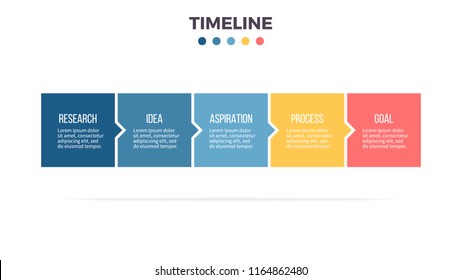 Business process. Timeline infographics with 5 steps, options, squares. Vector template.