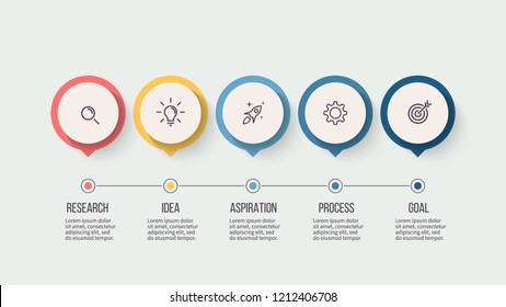 Business process. Timeline infographics with 5 options, circles, steps. Vector template.